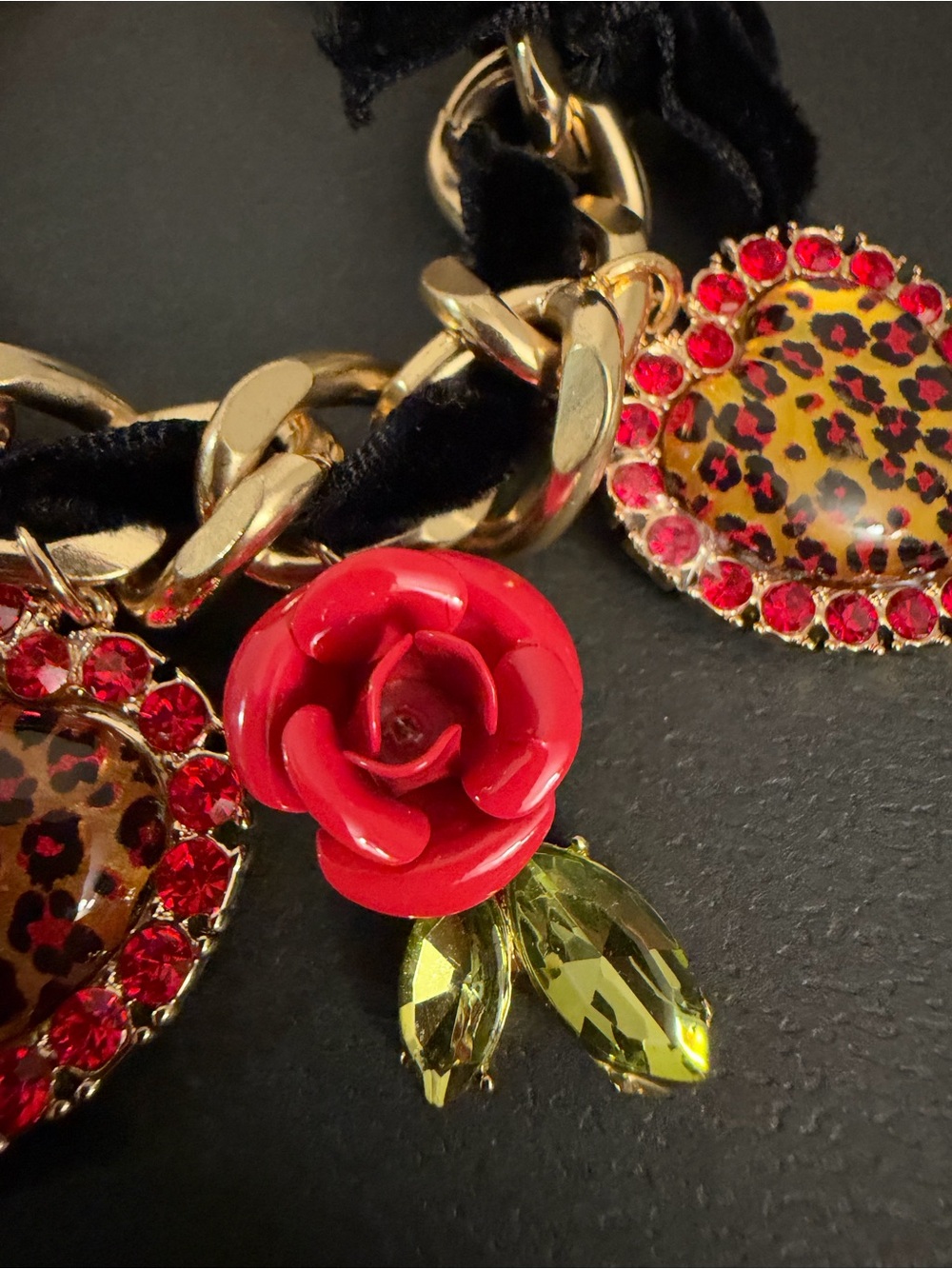 Betsey Johnson Gold-Tone Chain Bracelet with Red Roses & Leopard Heart Charms - Picture 11 of 16